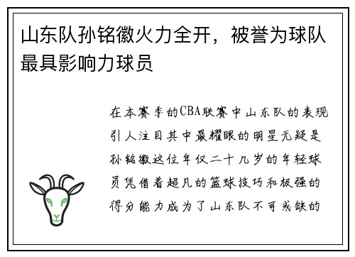 山东队孙铭徽火力全开，被誉为球队最具影响力球员